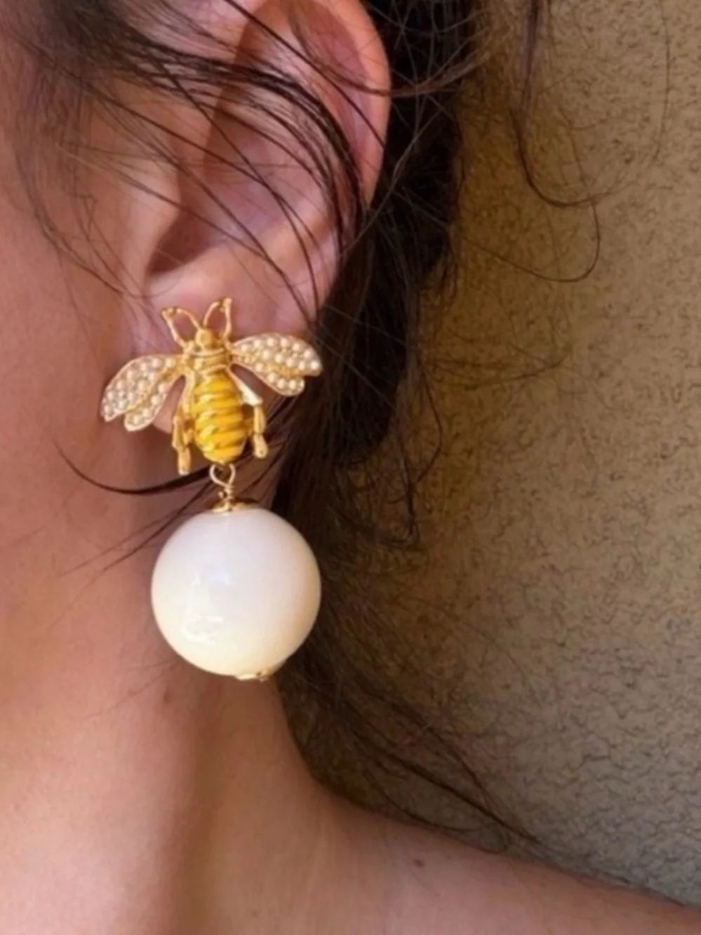 Gold Bee Drop Pearl Earrings - Women Jewelry
